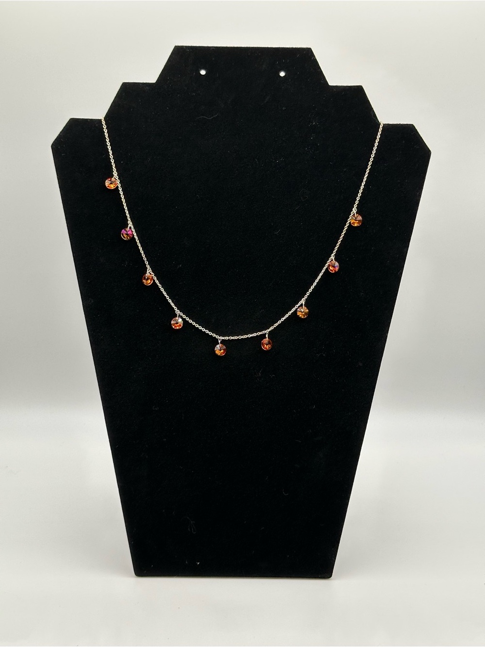 925 Sterling Silver Swarovski Crystal Pink/Orange Station Dangle Necklace